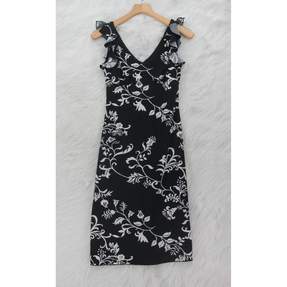 Vintage La Belle Floral Cap Sleeve Ruffle Midi Slip Dress Stretch 90s y2k #886